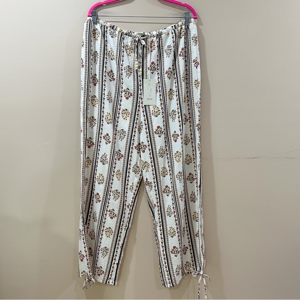 Joie Floral Stripe Wide Leg Pants Drawstring Tassel Linen Blend Shabby Chic XL